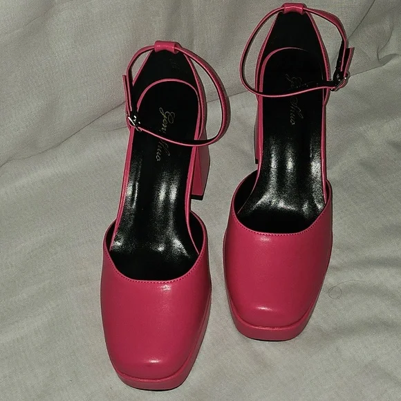 🟢 Pink Square Toe Chunky Heels Maryjanes Size 8 - Picture 2 of 9